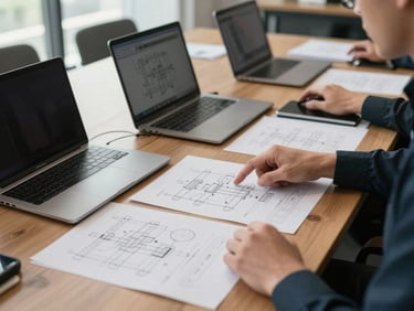 Conference table mid-session with open laptops, printed network architecture diagrams spread flat, hands pointing at a diagram, daylight from side windows, no faces visible