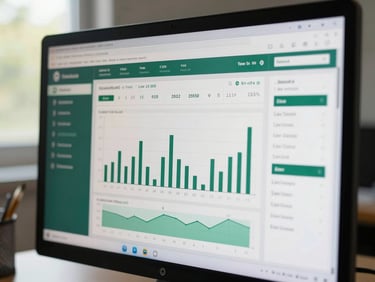 Close-up of a stock management dashboard on a monitor showing inventory levels, bar charts, and low-stock alerts in a forest-green and white UI, natural daylight from a nearby window, sharp focus on the screen data
