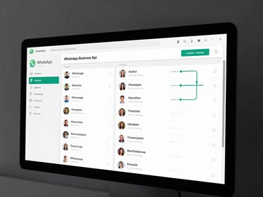 WhatsApp Business API integration dashboard on a monitor showing message flows, chatbot conversation threads, and agent handoff queue in a clean minimal interface, studio-controlled lighting, dark neutral background