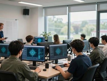 Training room with participants seated at workstations, screens showing a cybersecurity simulation interface, natural daylight from large windows, instructor partially visible at whiteboard on left