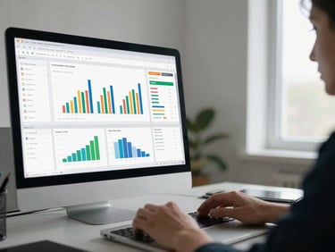 Dashboard screen showing data analytics charts and pipeline metrics in active use, hands resting on a desk beside a laptop, natural daylight from a window to the right, clean minimal interface visible