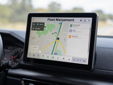 Fleet management screen on a mounted tablet inside a vehicle cabin, GPS route map displayed, dashboard in soft focus behind, natural daylight through windshield
