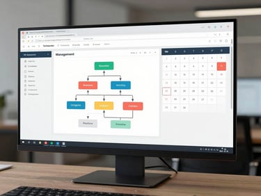 HR management system interface on a large monitor showing employee records, org chart, and leave calendar in a minimal dark-on-white UI, studio-controlled even lighting, conference room environment