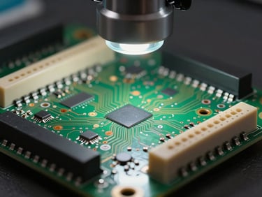 Extreme close-up of a printed circuit board being inspected under magnification lamp, precise studio lighting, no hands in frame, shallow depth of field on board traces