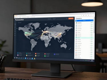 Transaction tracking platform on a widescreen monitor displaying a world map with live transaction flow lines, compliance status indicators and audit trail panel, studio lighting, dark office background