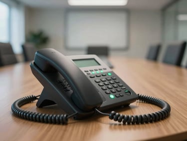 Close-up of a VoIP IP phone handset on a conference room desk, indicator LEDs lit green, blurred meeting room background, even office lighting, no people in frame