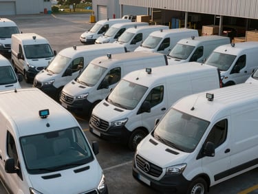 Wide-angle shot of a fleet of delivery vehicles in a warehouse yard at dawn, GPS tracking units visible on dashboards through windshields, flat natural morning light, no people