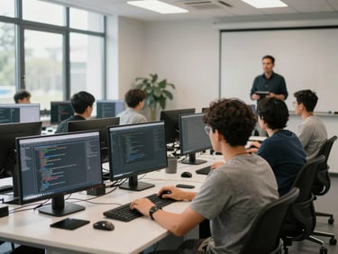 Training room with participants seated at workstations, screens showing code editors, natural light from large windows on the left, instructor at front of room partially visible, no posed smiles