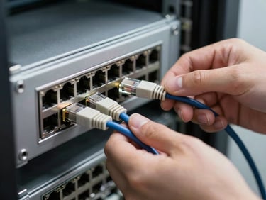 Network patch panel in a server room, hands inserting an ethernet cable into a labeled port, even studio light revealing the precision of each connection, shallow depth of field