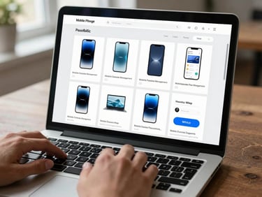 Mobile Device Management console on a laptop screen showing a grid of enrolled devices, policy compliance badges, and remote wipe controls, hands resting on keyboard, natural daylight from left, close environmental shot