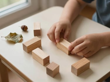Overhead close-up of a child's hands arranging wooden unit blocks on a low table, natural light from a window, a few loose leaves and acorns scattered nearby on a cream surface