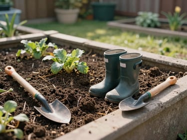 Wide-angle view of a small backyard garden bed in morning light, a child's rubber boots beside a patch of soil, trowel resting on the edge, no faces visible