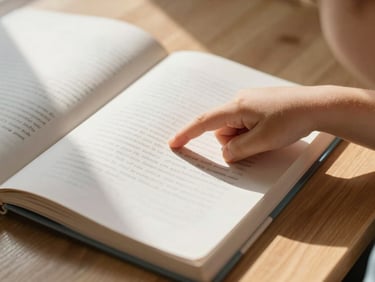 Warm close-up of a picture book open on a wooden floor, a child's small finger pointing at a word, soft window light falling across the page from the left