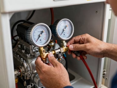 Technician's hands connecting a refrigerant pressure gauge to a refrigerator compressor unit in a Moroccan kitchen, work-light illuminating the compressor pipes, no faces, tight frame on the gauges and metal fittings