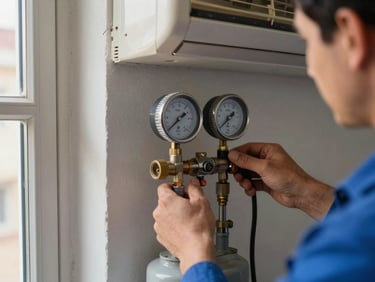 Close-up of a technician's hands connecting a refrigerant pressure gauge to the service port of a wall-mounted air conditioning unit, natural daylight from a nearby window, real Moroccan apartment wall visible, documentary framing