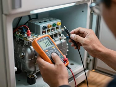 Tight close-up of a technician's hands attaching a multimeter probe to the compressor terminals at the back of a refrigerator, workshop floor visible below, cool overhead work-light, no faces, documentary technical framing