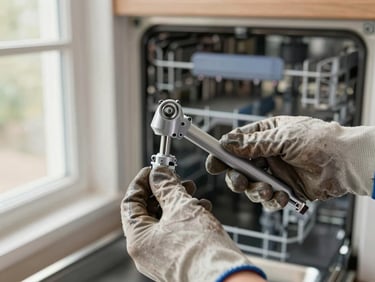 Tight close-up of a technician's hands removing a dishwasher spray arm, component held up against natural window light from the left, worn work gloves, interior of a domestic kitchen visible softly out of focus behind