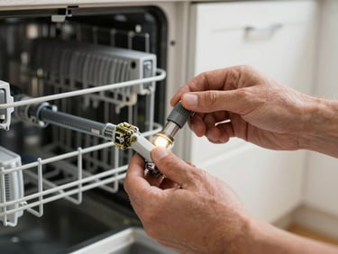 Close-up of a technician's hands removing the lower spray arm from an open dishwasher, work-light illuminating limescale deposits on the arm joints, real home kitchen background out of focus, tight documentary framing