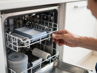 Close-up of a technician's hand inspecting the spray arm and filter basket inside an open dishwasher door in a real kitchen, natural window light from above, no faces, tight documentary frame on the mechanical parts