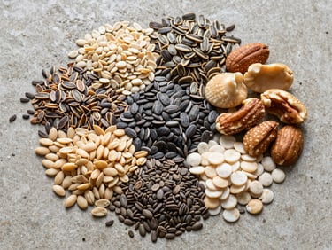 Close overhead shot of mixed organic seeds and nuts spread across a clean concrete surface, natural diffused light, visible grain texture and varied earthy tones, no packaging visible