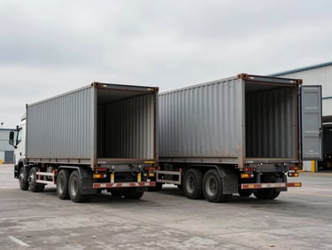 Wide shot inside a freight logistics yard, two loaded trucks angled in a concrete bay under flat overcast sky, cargo visible through open rear doors, industrial functional framing, no staged poses
