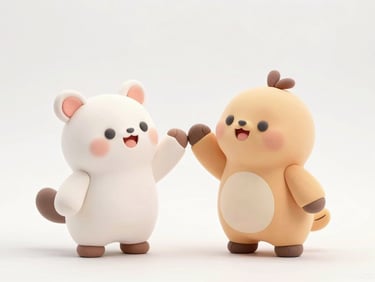 Playful 3D claymation two happy cartoon animals high-fiving, soft pastel colors, clean background