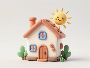 Playful 3D claymation cozy house with a smiling sun, soft pastel colors, clean background