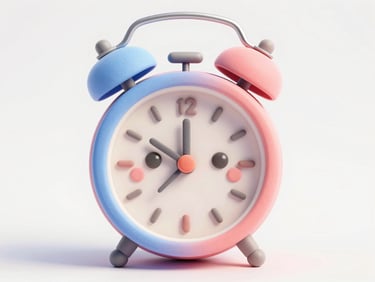 Playful 3D claymation alarm clock with cute eyes, soft pastel colors, clean background