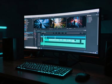 A dark-mode editing bay with a large ultrawide monitor showing a video timeline, glowing keyboard, moody cyan backlighting, sharp directional key lights