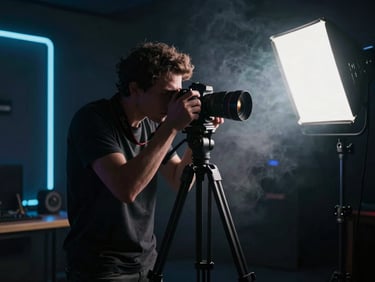A professional photographer adjusting a camera on a tripod in a dark studio, dramatic directional key light, neon accents, atmospheric smoke