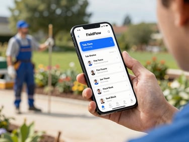 Clean UI mockup of FieldFlow mobile app showing a clear job schedule with assigned technicians and job details, bright natural daylight, hands holding phone, over-the-shoulder view of a landscaper on site, 35mm.