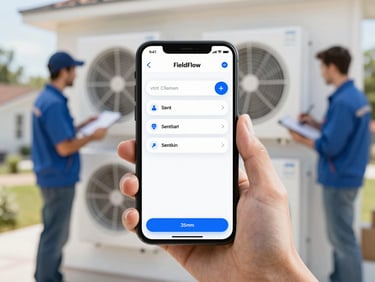 Clean UI mockup of FieldFlow mobile app showing client communication settings and sent notifications, bright natural daylight, hands holding phone, HVAC technician on site, 35mm.