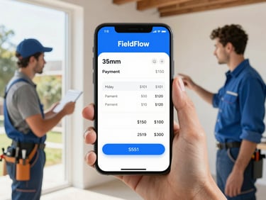 Clean UI mockup of FieldFlow mobile app showing an invoice generation screen with payment options, bright natural daylight, hands holding phone, plumber interacting with client on site, 35mm.