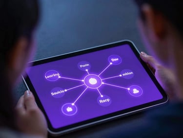 Macro over-the-shoulder shot of a university student looking at a clean tablet screen displaying a personalized learning path with glowing violet connections, soft cool screen glow.