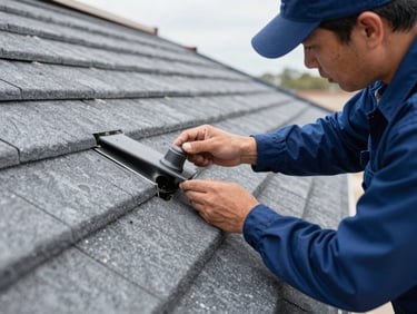Close-up of a uniformed technician carefully inspecting roof flashing for water entry points, bright Texas daylight, crisp details, 50mm lens