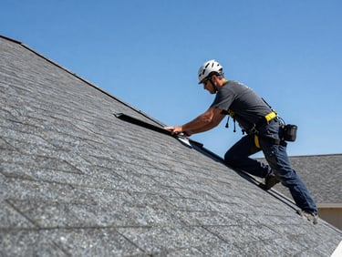 Professional technician repairing wind-lifted shingles on a residential roof after a storm, clear Texas daylight, safety harness visible, 50mm lens