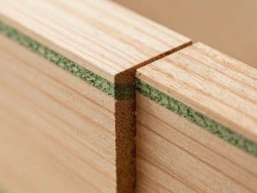 Macro shot of laminated timber beam joints, showing the precise structural layers and rich wood grain under natural light