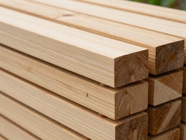 Close-up of treated outdoor timber posts stacked neatly, displaying a subtle protective finish and clean cut edges