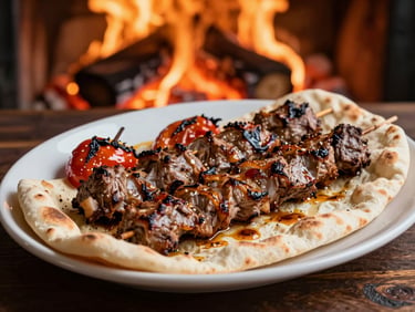 Plated portion of cağ kebap lamb on thin lavash bread with roasted peppers, warm firelight
