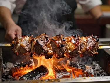 Close-up of a horizontal cağ kebap spit spinning over glowing orange embers, glistening lamb meat being sliced by a master chef, dramatic firelight, 35mm photography