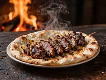 Turkish flatbread stuffed with warm sliced cağ kebap lamb, steam rising, dark rustic background
