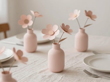 Close-up of a minimalist spring tablescape with handmade paper flowers in a blush pink vase and linen placemats, soft diffused daylight, Scandinavian minimalist aesthetic.