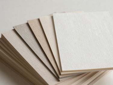 Stack of various shades of beige and light taupe linen-textured cardstock, with a single sheet fanned out, soft diffused daylight, shallow depth of field, 35mm