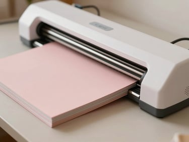 Close-up of a modern white digital cutting machine on a light taupe desk, with a blush pink mat and a stack of matte cardstock beside it, soft diffused daylight, shallow depth of field, 35mm