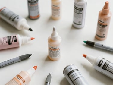Overhead flatlay of various craft adhesives (glue pens, spray adhesive cans) neatly arranged on a white background, soft diffused daylight, shallow depth of field, 35mm