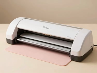 Close-up of a Cricut Maker machine, styled on a clean beige background with a blush pink cutting mat, soft studio light, 35mm