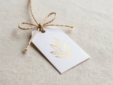 Macro shot of a handmade gift tag with a delicate gold foil design, tied with a natural twine bow, on a beige linen background, soft diffused daylight, Scandinavian minimalist aesthetic.