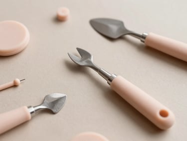 Styled flat lay of ergonomic weeding tools and small crafting accessories on a light taupe background, soft diffused daylight, clean, shallow depth of field.