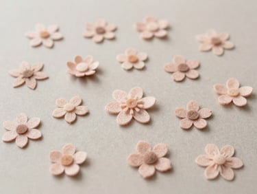 Flat lay of small, intricately cut felt flowers arranged on a light taupe background, ready for assembly, soft diffused daylight, muted blush tones.