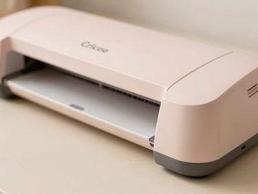 Close-up of a modern Cricut machine on a beige desk, soft diffused daylight, matte finish, shallow depth of field.